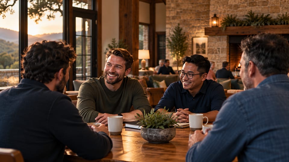 Concept illustration of men sharing coffee and conversation around a wooden table.