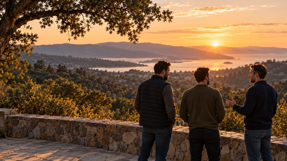 Concept illustration of three men in conversation overlooking the bay at sunset.