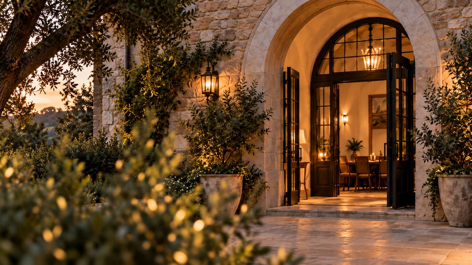 Concept illustration of a warmly lit stone entrance framed by soft foreground greenery.